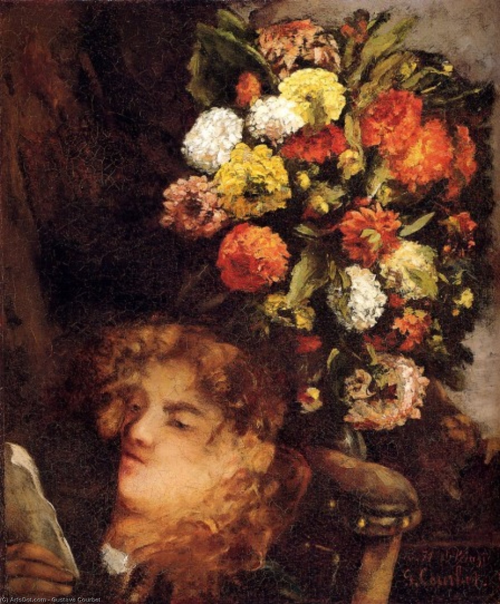WikiOO.org - Энциклопедия изобразительного искусства - Живопись, Картины  Gustave Courbet - Голова женщины с  Цветы