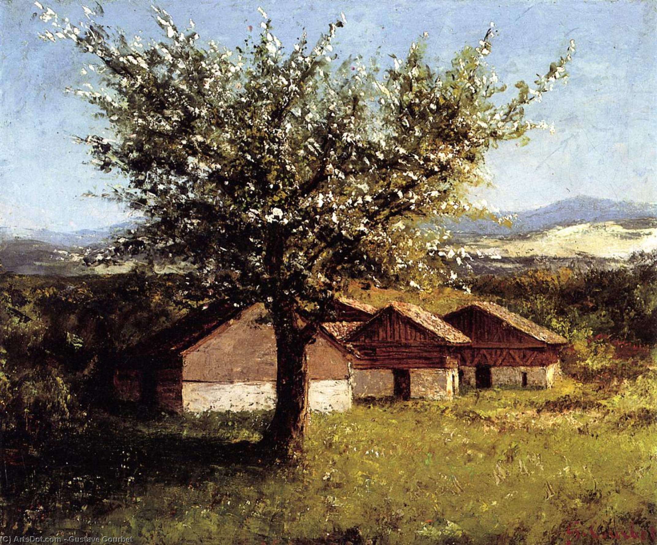 Wikioo.org - The Encyclopedia of Fine Arts - Painting, Artwork by Gustave Courbet - Swiss Landscape with Flowering Apple Tree