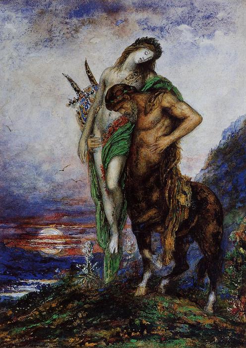 Wikioo.org - The Encyclopedia of Fine Arts - Painting, Artwork by Gustave Moreau - A Dead Poet being Carried by a Centaur