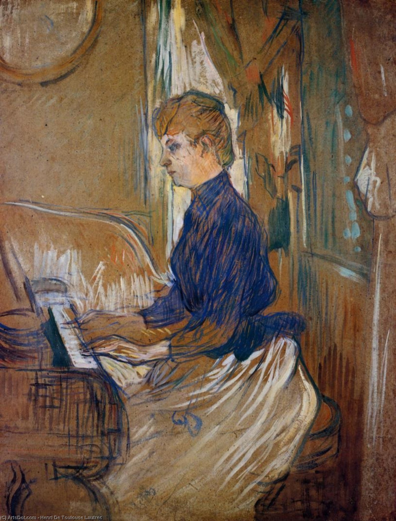 Wikioo.org - The Encyclopedia of Fine Arts - Painting, Artwork by Henri De Toulouse Lautrec - At the Piano - Madame Juliette Pascal in the Salon of the Chateau de Malrome