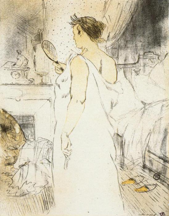 Wikioo.org - The Encyclopedia of Fine Arts - Painting, Artwork by Henri De Toulouse Lautrec - Elles. Woman Looking into a Hand Held Mirror