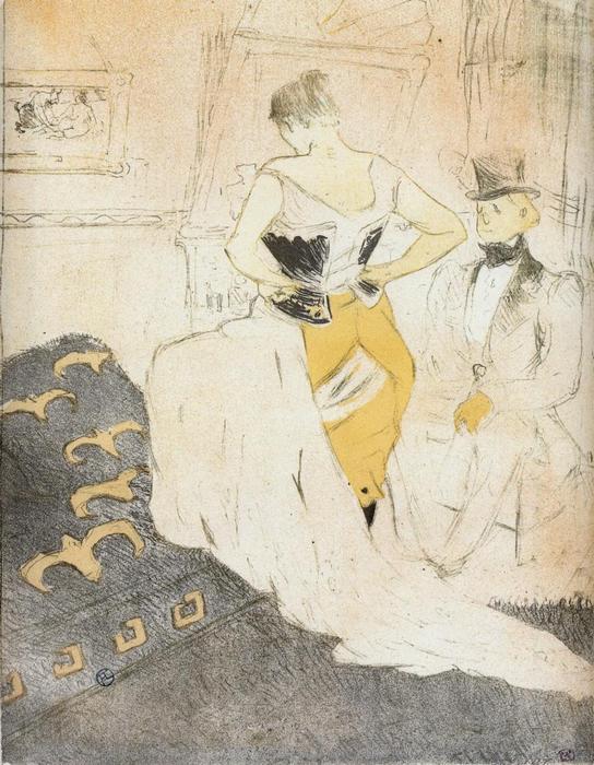 Wikioo.org - Encyklopedia Sztuk Pięknych - Malarstwo, Grafika Henri De Toulouse Lautrec - Elles.. Woman Fastening a Corset, Passing Conquest