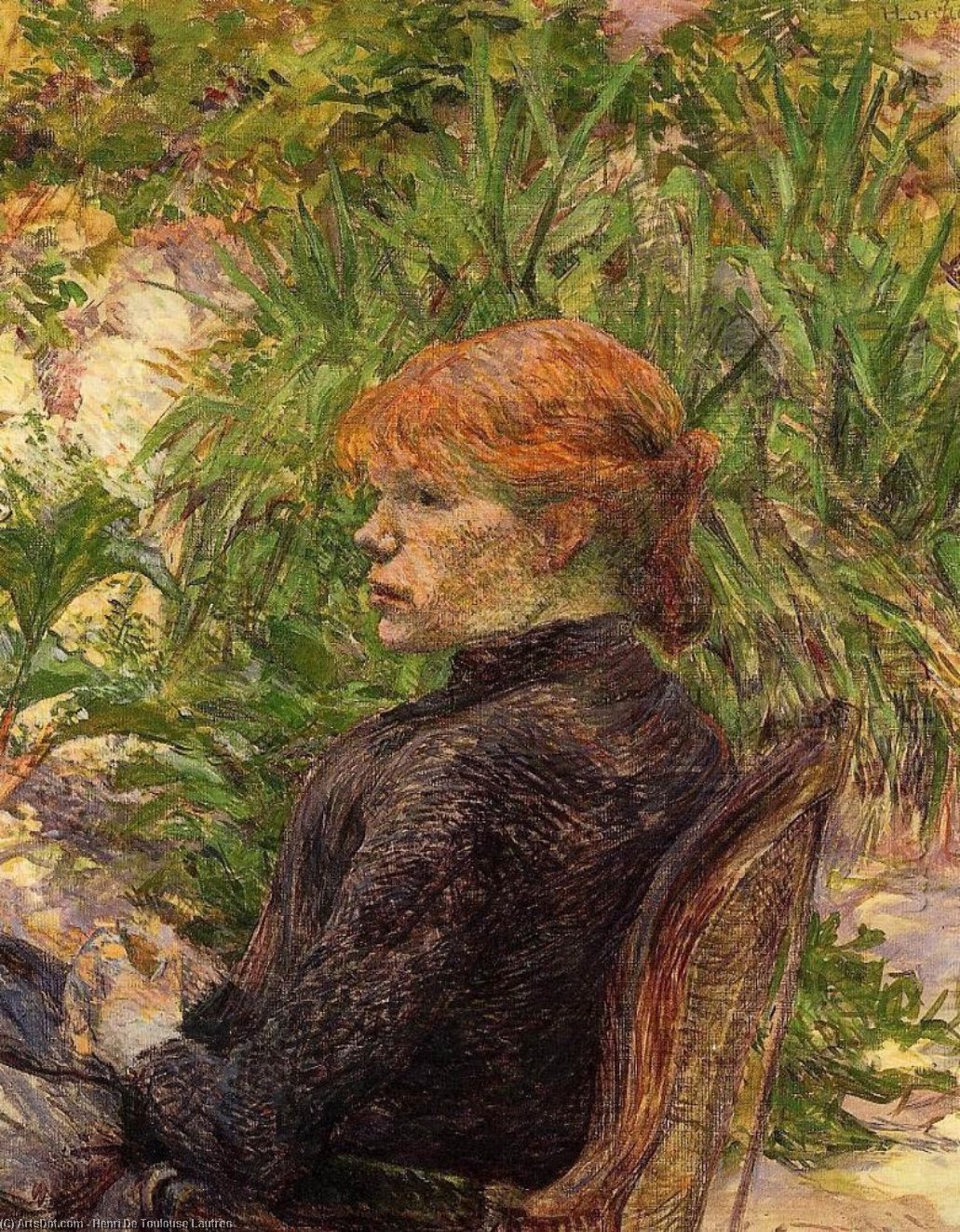 WikiOO.org – 美術百科全書 - 繪畫，作品 Henri De Toulouse Lautrec - 红头发 女性  坐在 花园里 的 中号 . 森林