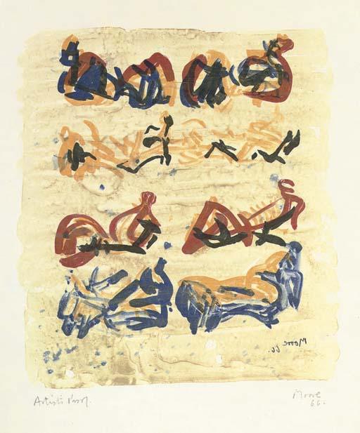 Wikioo.org - The Encyclopedia of Fine Arts - Painting, Artwork by Henry Moore - Eight Reclining Figures in Yellow Red and Blue