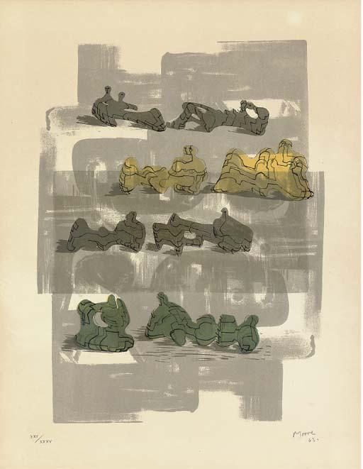 WikiOO.org - Enciklopedija likovnih umjetnosti - Slikarstvo, umjetnička djela Henry Moore - Eight reclining figures with architectural background