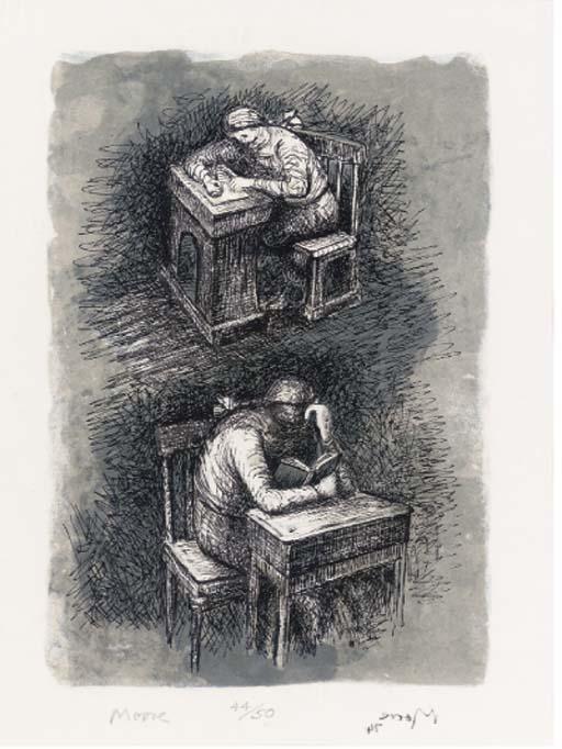 Wikoo.org - موسوعة الفنون الجميلة - اللوحة، العمل الفني Henry Moore - Girl seated at desk IX