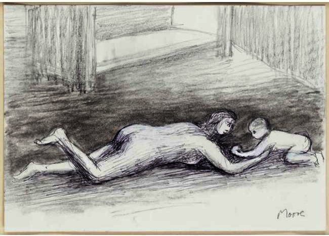 Wikioo.org - The Encyclopedia of Fine Arts - Painting, Artwork by Henry Moore - Mother Playing With Child On Floor I