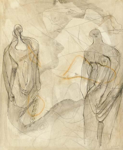 WikiOO.org - Енциклопедия за изящни изкуства - Живопис, Произведения на изкуството Henry Moore - One reclining and two standing figures