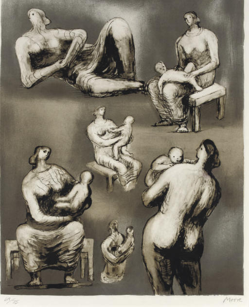 Wikioo.org - The Encyclopedia of Fine Arts - Painting, Artwork by Henry Moore - Reclining Figure and Mother and Child Studies