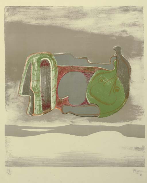 Wikioo.org – La Enciclopedia de las Bellas Artes - Pintura, Obras de arte de Henry Moore - reclinando figura con cielo de fondo
