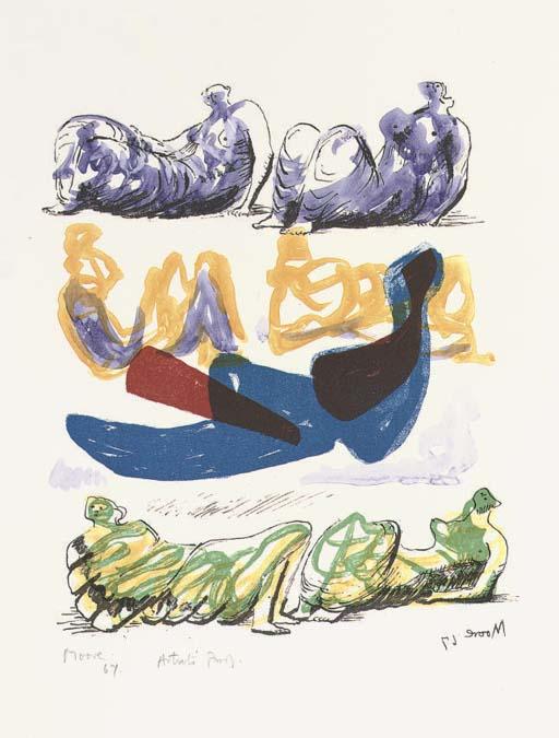 Wikioo.org – La Enciclopedia de las Bellas Artes - Pintura, Obras de arte de Henry Moore - reclinando figuras con azul central composición