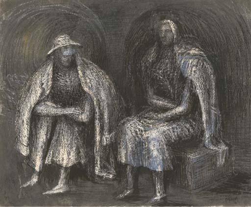 Wikioo.org - The Encyclopedia of Fine Arts - Painting, Artwork by Henry Moore - Seated Shelter Figures