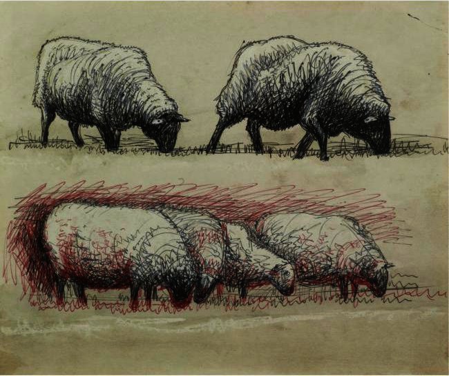 Wikioo.org – La Enciclopedia de las Bellas Artes - Pintura, Obras de arte de Henry Moore - Ovejas que pastan