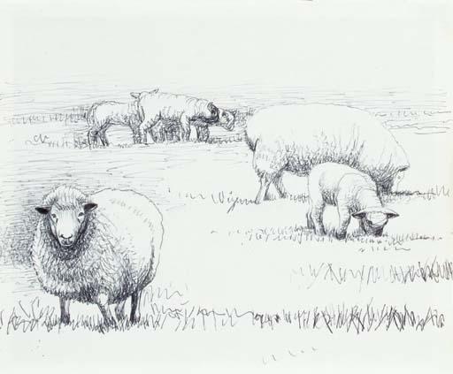 Wikioo.org - The Encyclopedia of Fine Arts - Painting, Artwork by Henry Moore - Sheep in Landscape