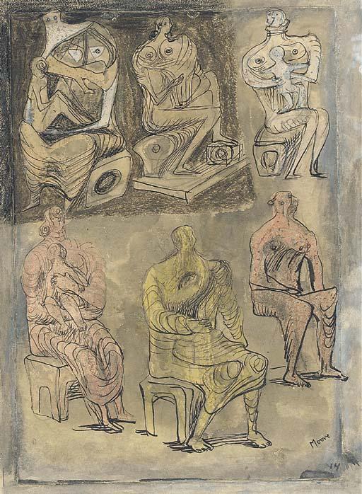 Wikioo.org - The Encyclopedia of Fine Arts - Painting, Artwork by Henry Moore - Six seated Women, four holding Children