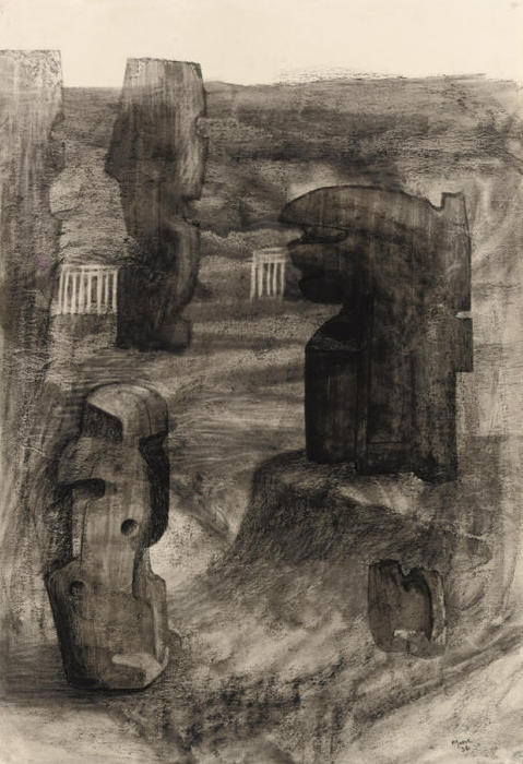 WikiOO.org - Енциклопедия за изящни изкуства - Живопис, Произведения на изкуството Henry Moore - Stones in a landscape