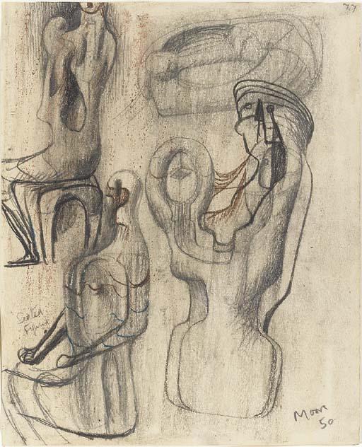 Wikioo.org - สารานุกรมวิจิตรศิลป์ - จิตรกรรม Henry Moore - Studies for Sculpture; Seated Figure 1950-1
