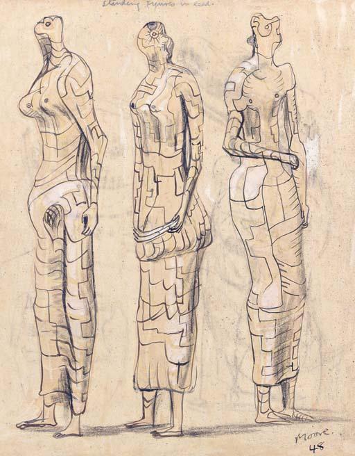 Wikioo.org – La Enciclopedia de las Bellas Artes - Pintura, Obras de arte de Henry Moore - tres de pie figuras in el plomo