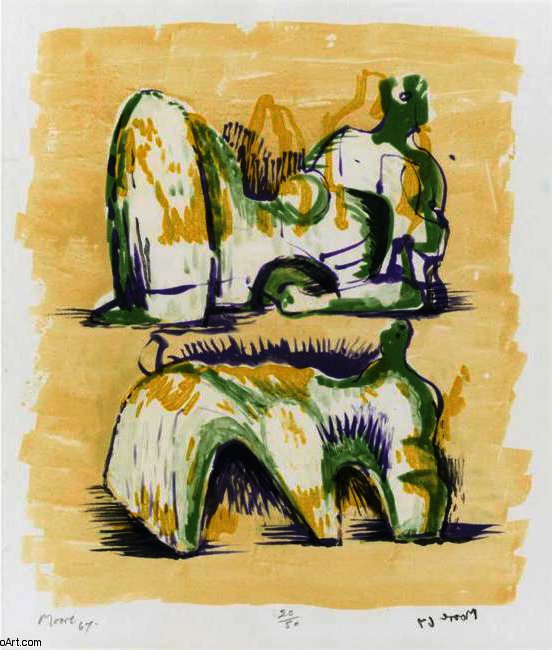 Wikioo.org - The Encyclopedia of Fine Arts - Painting, Artwork by Henry Moore - Two Reclining Figures In Yellow And Green