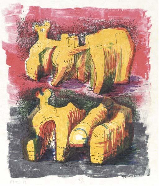 Wikioo.org – La Enciclopedia de las Bellas Artes - Pintura, Obras de arte de Henry Moore - dos reclinando figuras in amarillo y rojo