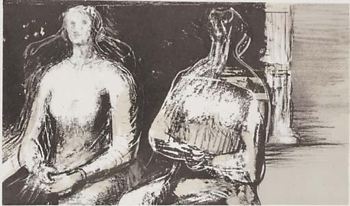 Wikioo.org - Die Enzyklopädie bildender Kunst - Malerei, Kunstwerk von Henry Moore - Zwei sitzende Figuren gegen  Ein  Pfeiler