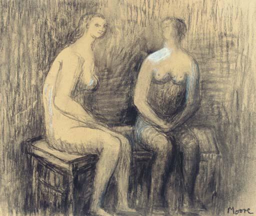WikiOO.org - Encyclopedia of Fine Arts - Lukisan, Artwork Henry Moore - Two seated Women I