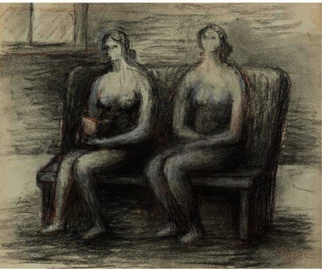Wikioo.org – La Enciclopedia de las Bellas Artes - Pintura, Obras de arte de Henry Moore - dos sentado las mujeres en una interior