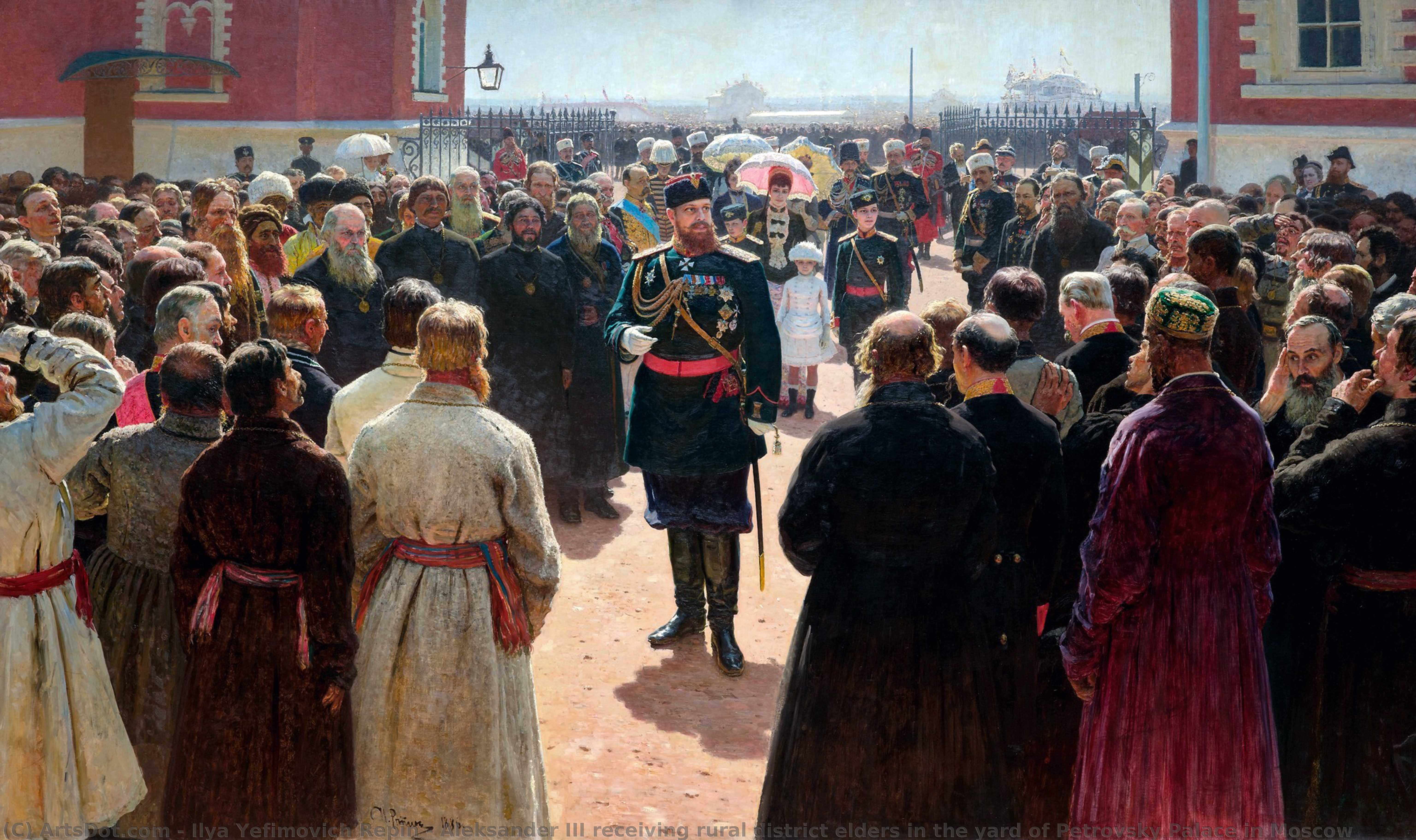 Wikioo.org - The Encyclopedia of Fine Arts - Painting, Artwork by Ilya Yefimovich Repin - Aleksander III receiving rural district elders in the yard of Petrovsky Palace in Moscow