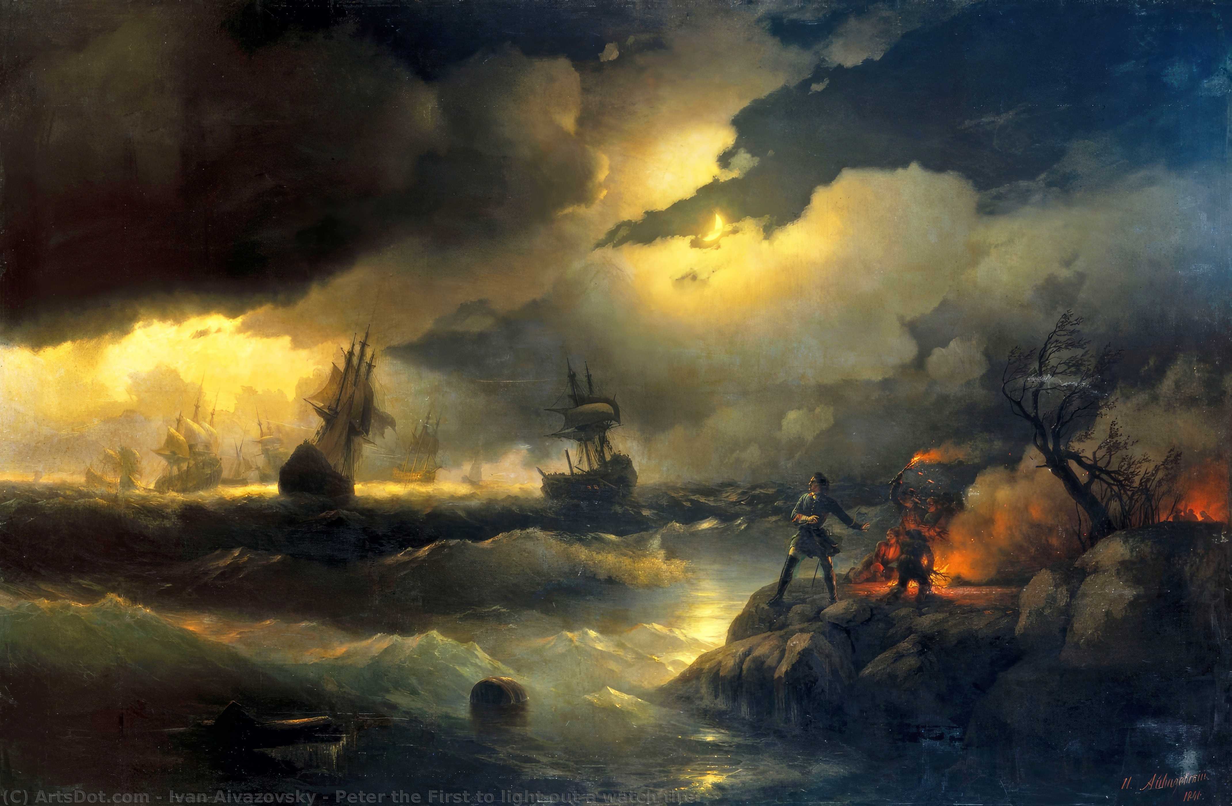 Wikioo.org - The Encyclopedia of Fine Arts - Painting, Artwork by Ivan Aivazovsky - Peter the First to light out a watch fire