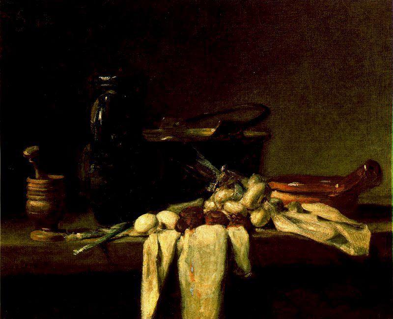 WikiOO.org - Encyclopedia of Fine Arts - Maleri, Artwork Jean-Baptiste Simeon Chardin - Bodegón con almirez, cántaron, y caldero de cobre