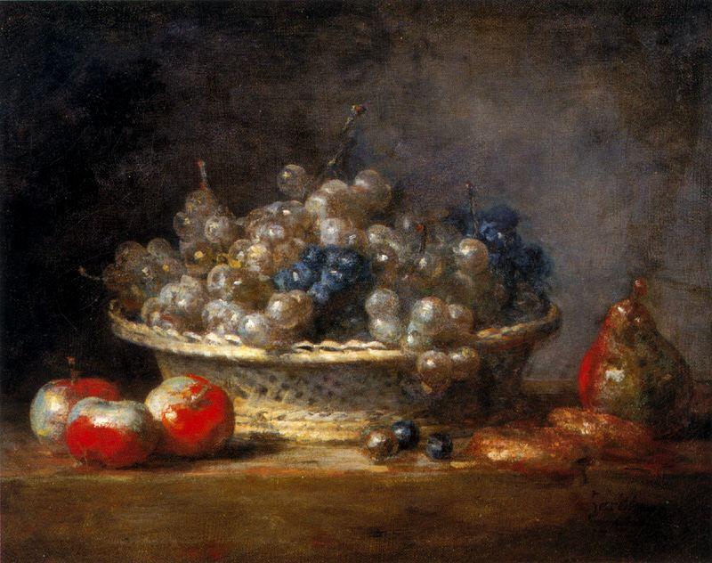 Wikioo.org - The Encyclopedia of Fine Arts - Painting, Artwork by Jean-Baptiste Simeon Chardin - Corbeille de raisins avec trois pommes d'api, une poire et deux massepains