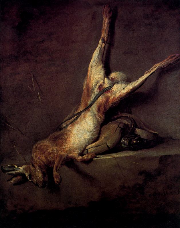 WikiOO.org - Encyclopedia of Fine Arts - Maleri, Artwork Jean-Baptiste Simeon Chardin - Lievre mort avec fusil, gibeciere et poire a poudre