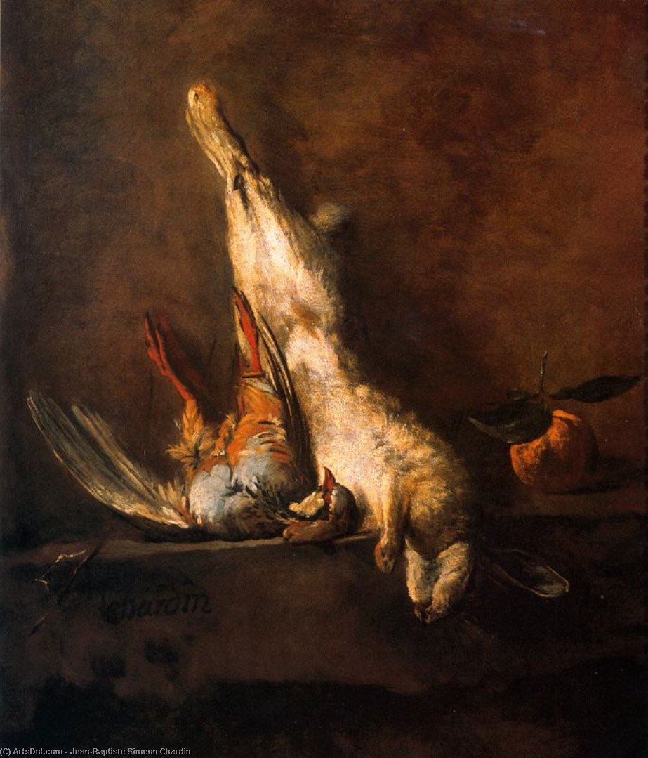 Wikioo.org - The Encyclopedia of Fine Arts - Painting, Artwork by Jean-Baptiste Simeon Chardin - Lièvre mort avec fusil, gibecière et poire à poudre