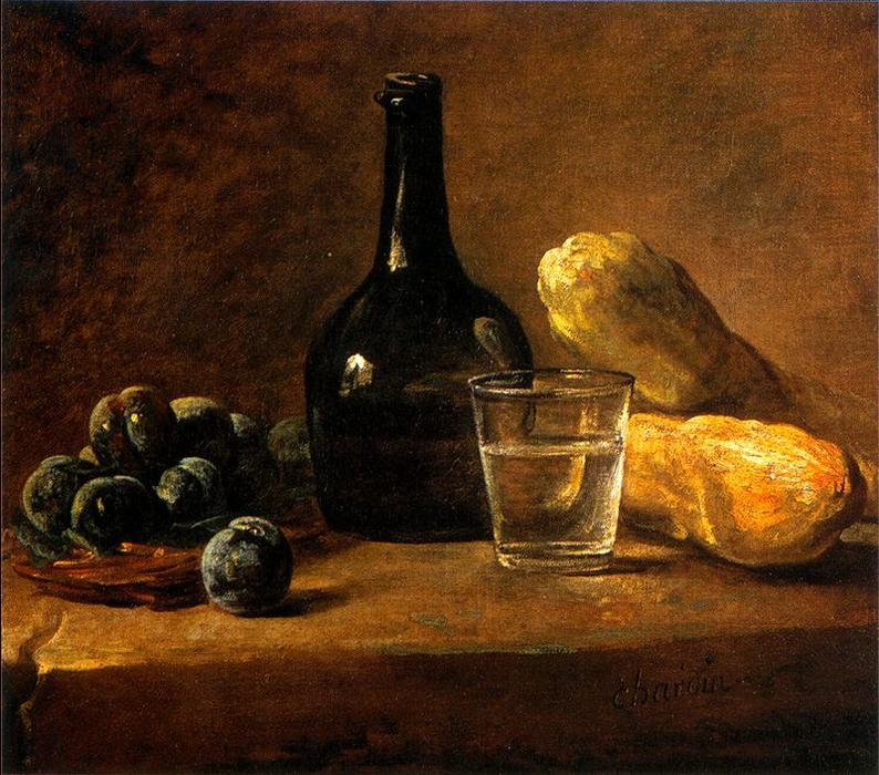 Wikioo.org - The Encyclopedia of Fine Arts - Painting, Artwork by Jean-Baptiste Simeon Chardin - Panier de prunes, bouteille, verre à demi lein d'eau et deux concombres