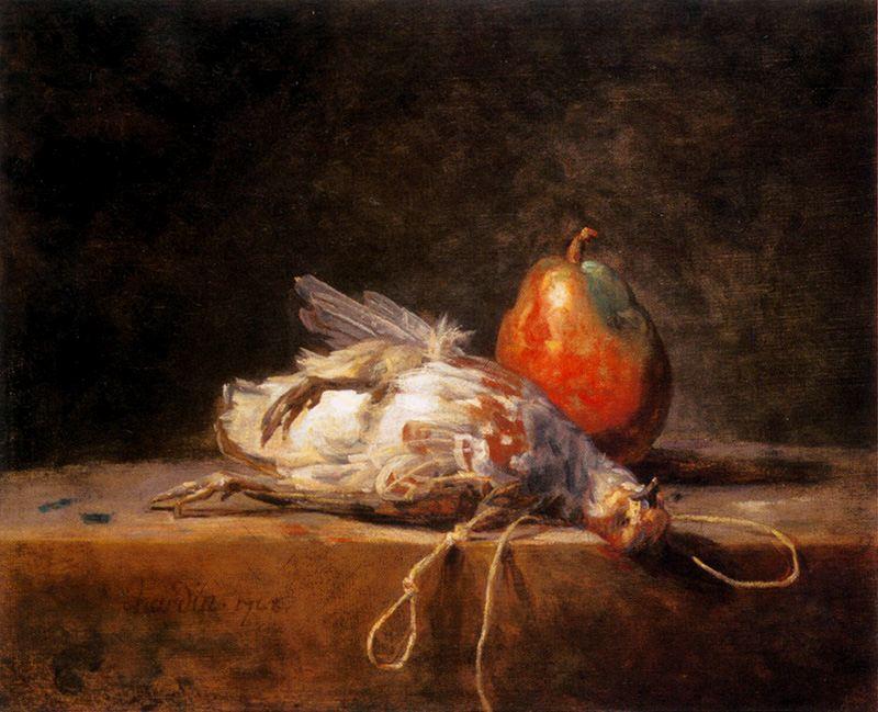 WikiOO.org - Enciklopedija likovnih umjetnosti - Slikarstvo, umjetnička djela Jean-Baptiste Simeon Chardin - Perdrix morte, poire et collet sur une table