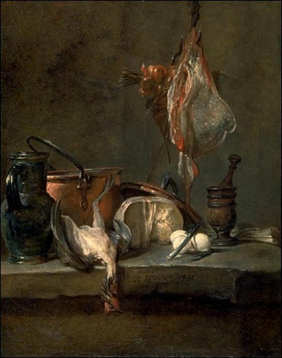 Wikioo.org – La Enciclopedia de las Bellas Artes - Pintura, Obras de arte de Jean-Baptiste Simeon Chardin - Naturaleza muerta con Ray y la cesta de cebollas