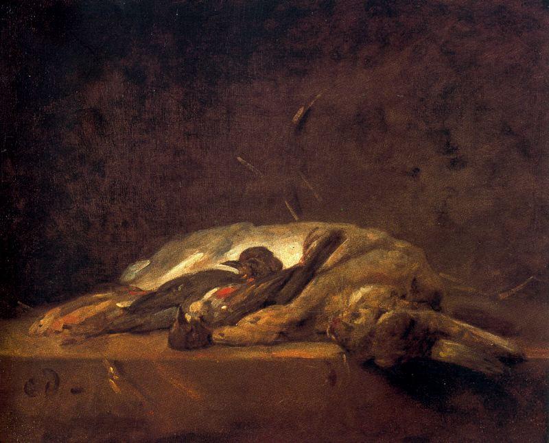 Wikioo.org - สารานุกรมวิจิตรศิลป์ - จิตรกรรม Jean-Baptiste Simeon Chardin - Un lapin, deux grives mortes et quelques brins de paille sur une table de pierre