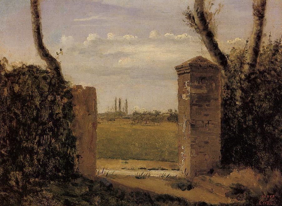 Wikioo.org - The Encyclopedia of Fine Arts - Painting, Artwork by Jean Baptiste Camille Corot - Boid-Guillaumi, near Rouen - A Gate Flanked by Two Posts