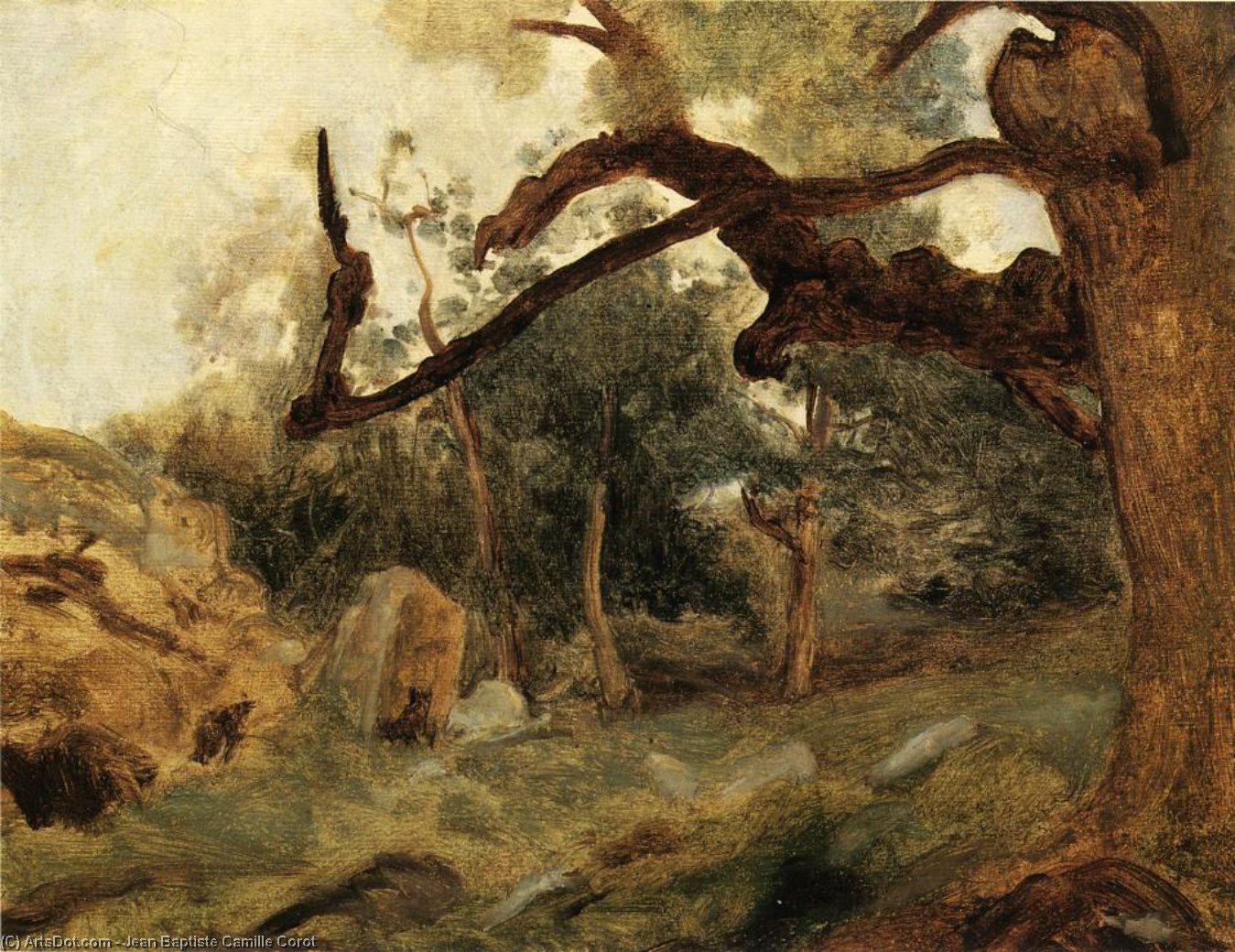 WikiOO.org - Εγκυκλοπαίδεια Καλών Τεχνών - Ζωγραφική, έργα τέχνης Jean Baptiste Camille Corot - L'Arbre Tordu, Les Chenes du Mont Usey, Fontainebleau