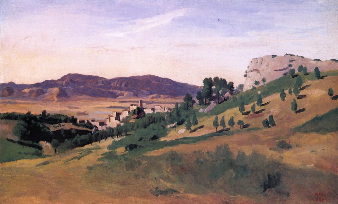 Wikioo.org - The Encyclopedia of Fine Arts - Painting, Artwork by Jean Baptiste Camille Corot - Olevano, the Town and the Rocks