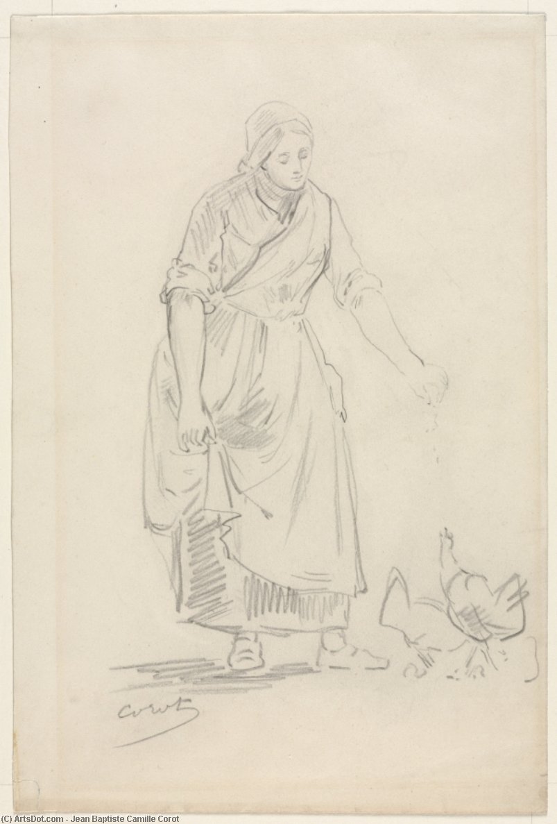 WikiOO.org - Encyclopedia of Fine Arts - Festés, Grafika Jean Baptiste Camille Corot - Peasant Girl Feeding Chickens