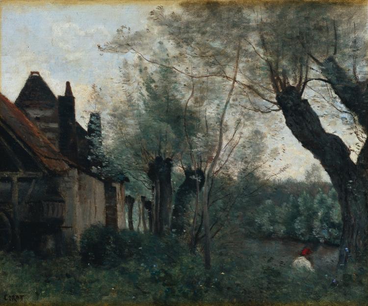 Wikioo.org - The Encyclopedia of Fine Arts - Painting, Artwork by Jean Baptiste Camille Corot - Willows and Farmhouse at Sainte-Catherine-lez-Arras