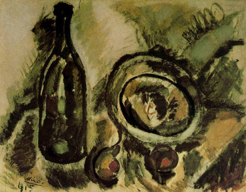 Wikoo.org - موسوعة الفنون الجميلة - اللوحة، العمل الفني Joan Miro - Frutas y botella