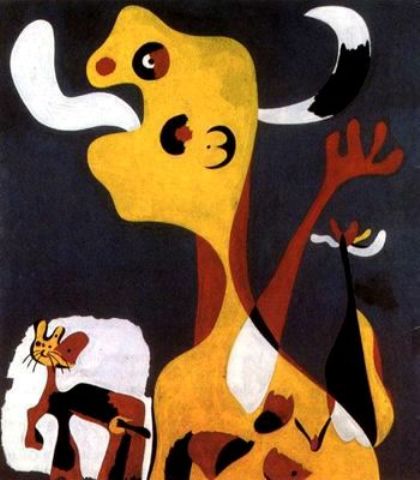 Wikioo.org – La Enciclopedia de las Bellas Artes - Pintura, Obras de arte de Joan Miro - Mujer cara y perro un la luna