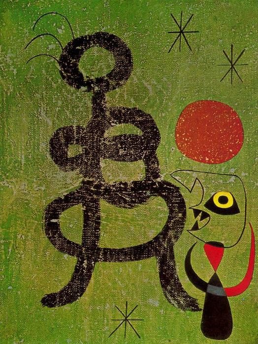 WikiOO.org - Encyclopedia of Fine Arts - Maľba, Artwork Joan Miro - Mujer y pájaro ante el sol 1