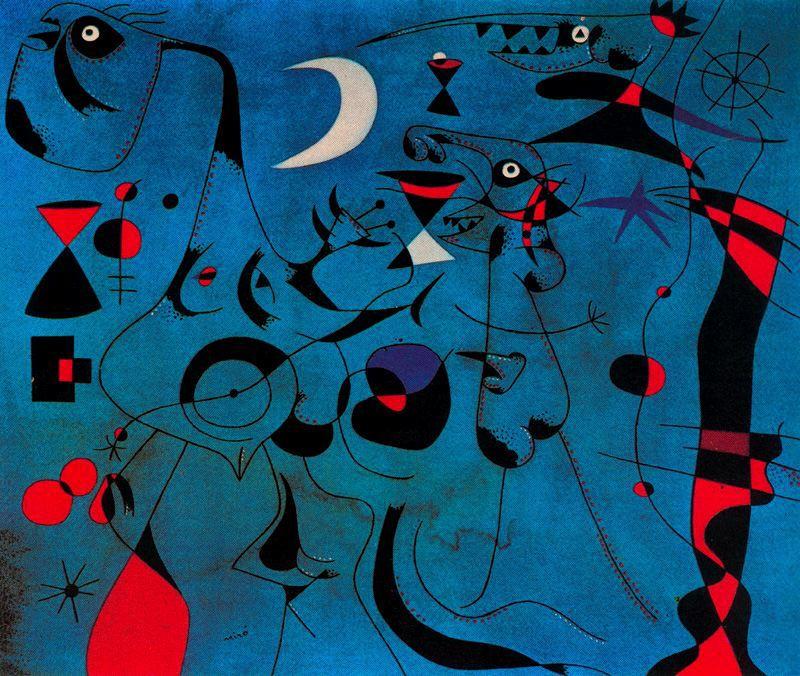 Wikioo.org – La Enciclopedia de las Bellas Artes - Pintura, Obras de arte de Joan Miro - Personajes en la noche guiados por los rastros fosforescentes delaware los caracoles