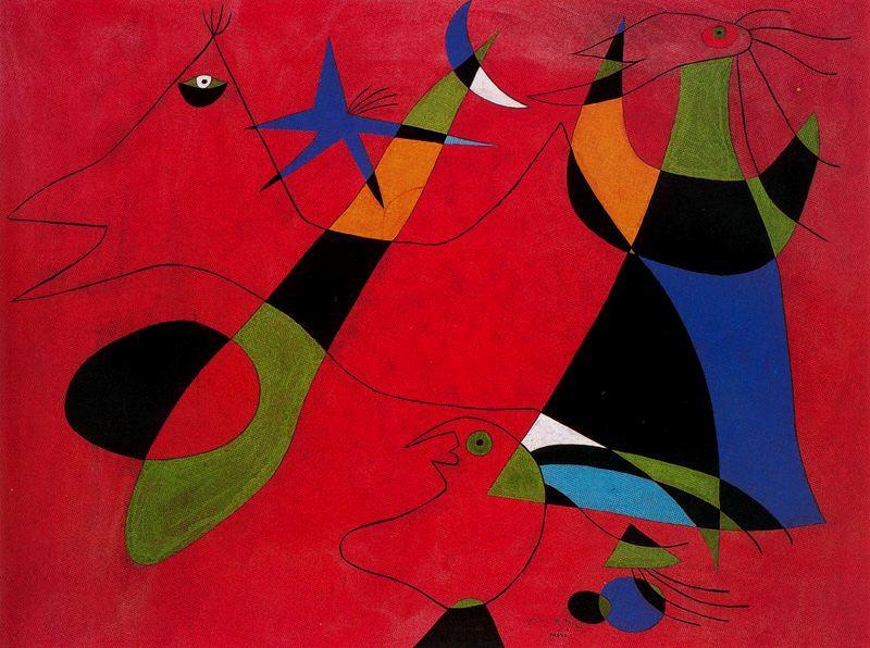 WikiOO.org - Encyclopedia of Fine Arts - Maleri, Artwork Joan Miro - Personajes sobre fondo rojo