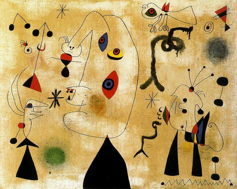 Wikoo.org - موسوعة الفنون الجميلة - اللوحة، العمل الفني Joan Miro - Personajes, pájaros, estrellas