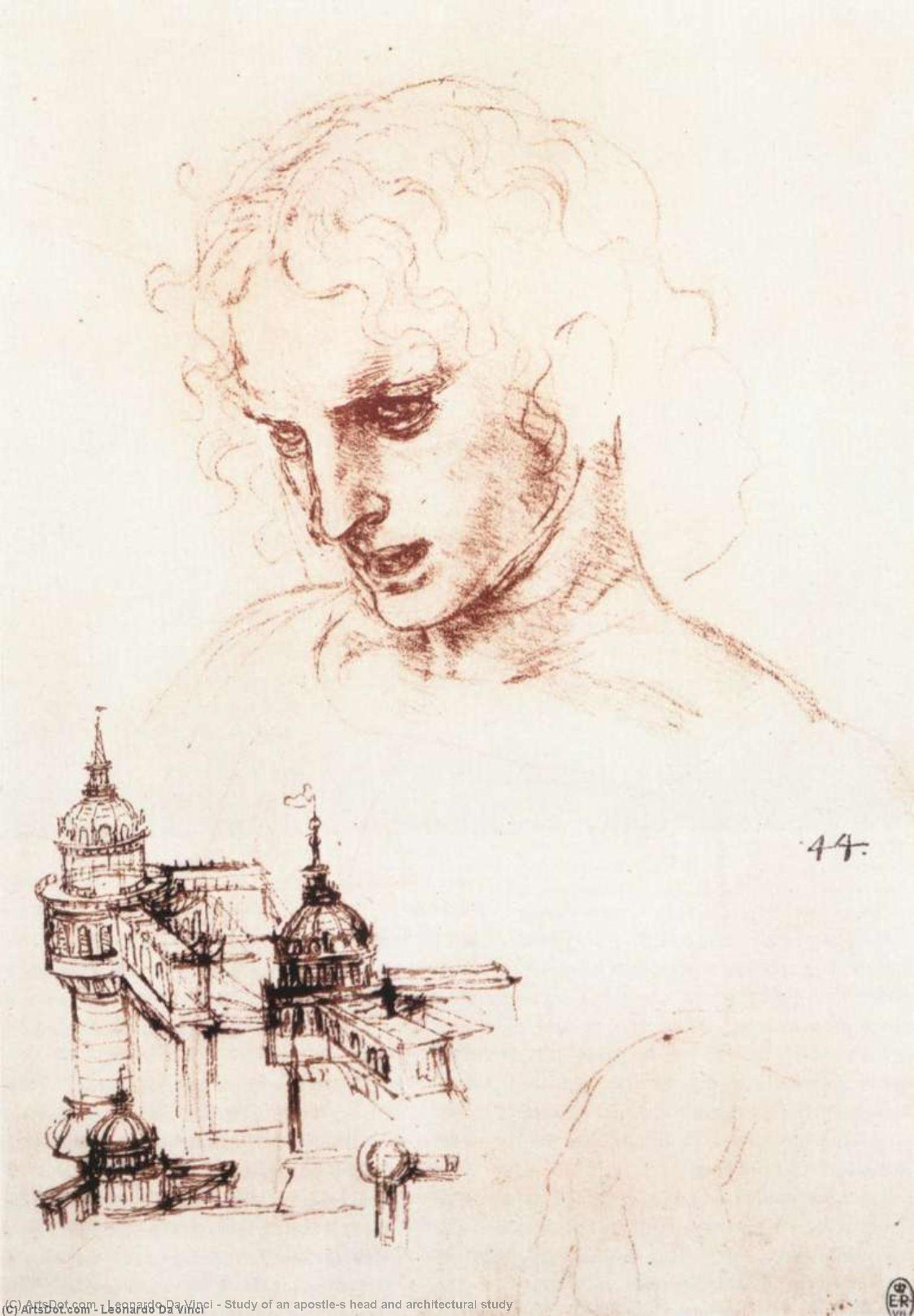Wikioo.org - The Encyclopedia of Fine Arts - Painting, Artwork by Leonardo Da Vinci - Study of an apostle's head and architectural study