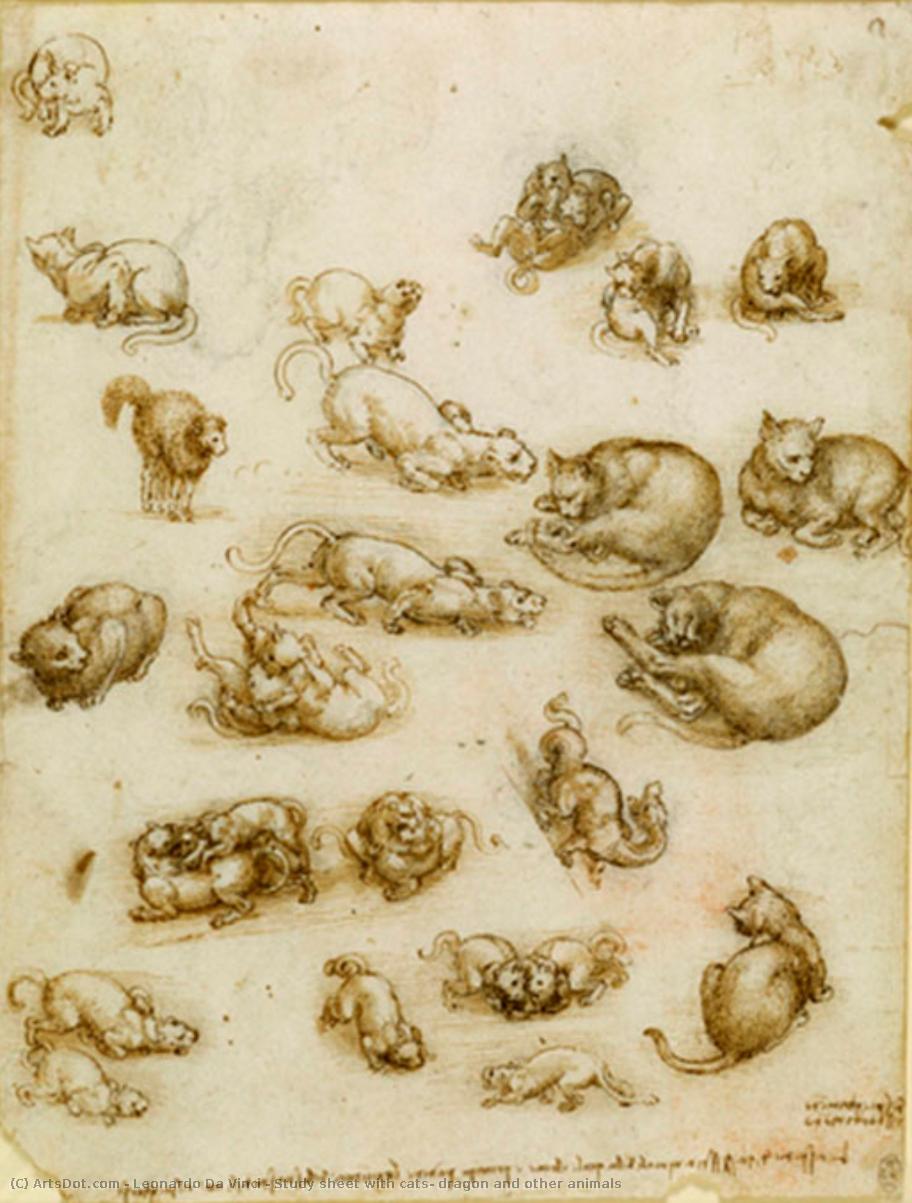 WikiOO.org - Encyclopedia of Fine Arts - Malba, Artwork Leonardo Da Vinci - Study sheet with cats, dragon and other animals